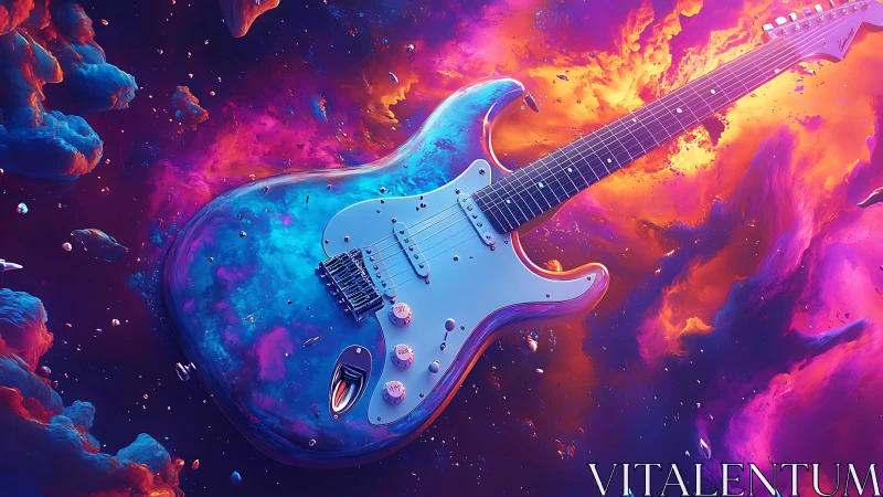 Cosmic electric guitar floats in vivid neon space clouds