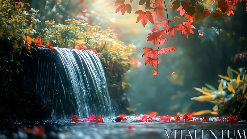 Tranquil forest waterfall glows through soft autumn light