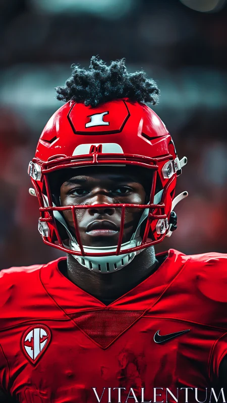 Intense gridiron portrait isolates football player in vivid red armor