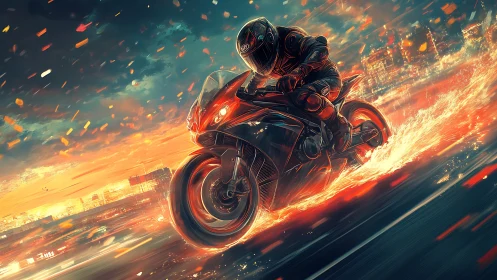 Motorcycle rider leans into turn on stylized urban roadway