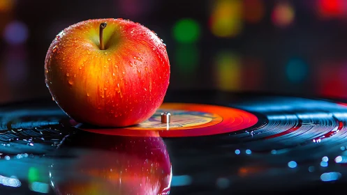 Juicy red apple rests playfully on a colorful vinyl record