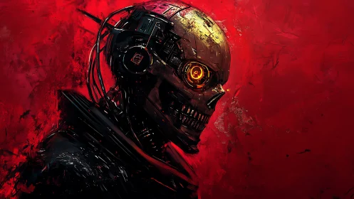 Cybernetic skull glows against chaotic crimson backdrop.