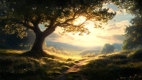 Sunlit country path winding beneath a welcoming old tree.