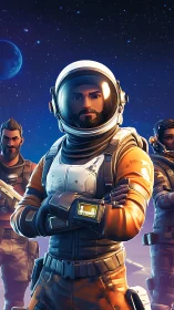 Astronaut team stands in stylized space environment at night