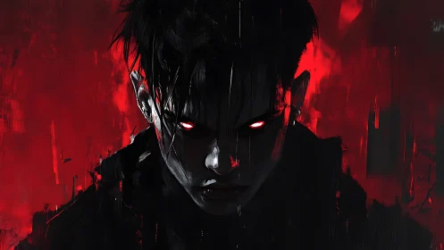 Midnight gaze of a shadowed antihero in burning red light.