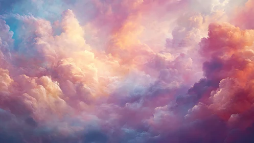 Iridescent cumulonimbus cloudscape in luminous sunset palette.