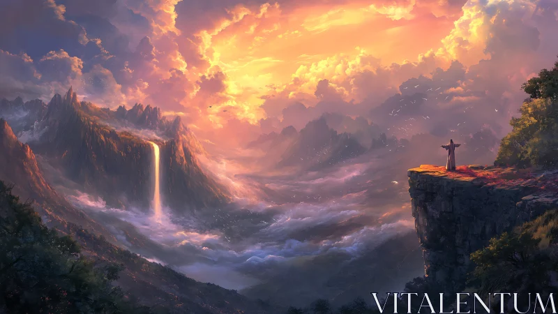 Clifftop dreamer greets a molten sunrise over cloud seas