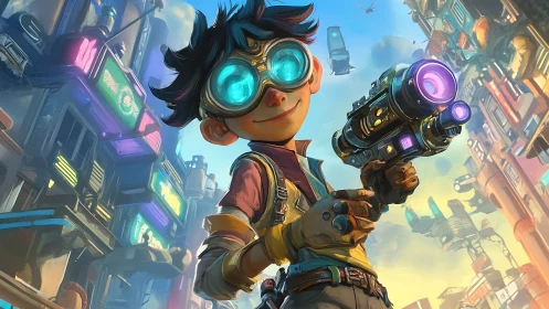 Bright-eyed kid inventor explores a neon sci-fi city