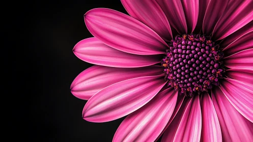 Vibrant Pink Daisy Bloom Against Black Background.