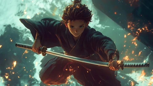 Stormlit young samurai diving through sparks of destiny.