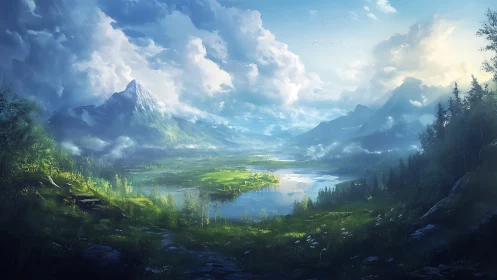 Sunlit alpine valley and lake beneath towering clouds.