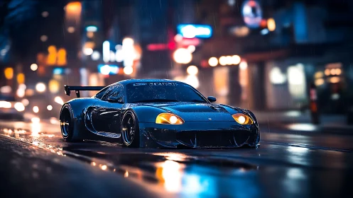 Widebody sports car slices through neon rain on urban street