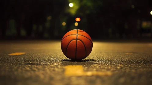 Midnight asphalt cradles a lone basketball under city glow