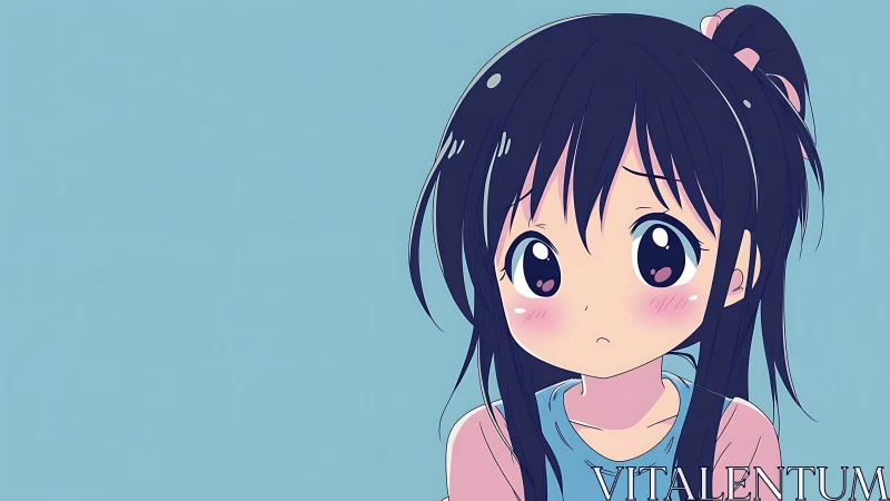 Anime portrait of shy girl with blue background, flat shading