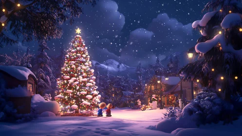 Snowy village Christmas tree glows under a starlit sky.