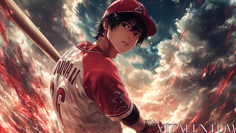 Storm-lit baseball hero ready to swing beneath blazing skies.