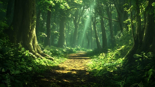Radiant Forest Corridor: Atmospheric Canopy with Celestial Light.
