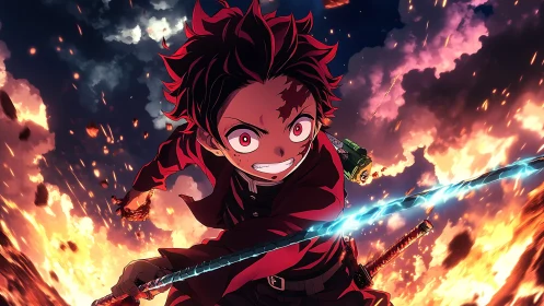 Intense anime swordsman charging through fiery battlefield.