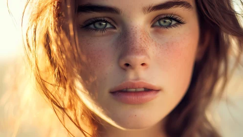 Sunlit freckled portrait captures luminous green eyes.