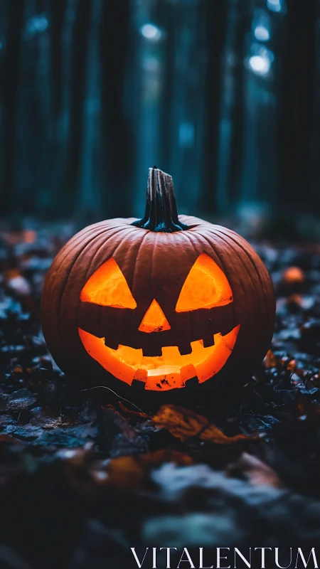 Glowing jack-o-lantern smiles warmly in a misty autumn forest
