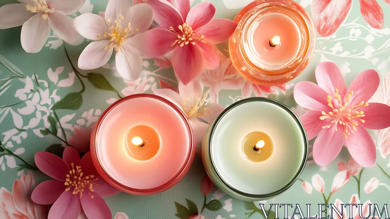 Top view floral candles on patterned pastel background.