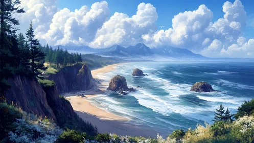 Cloud crowned cliffs and wandering tide lines of a wild coast.