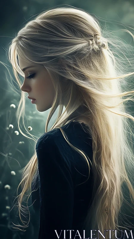 Side profile of melancholic blonde woman in soft light.