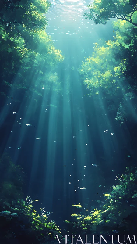 Sunlit forest lagoon glows with serene underwater light