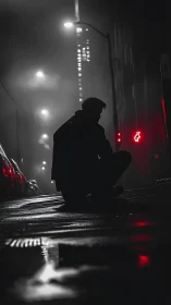 Silhouetted figure contemplates alone on a misty neon street