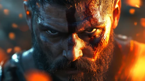 Burning warrior gaze holds fierce determination in battle light