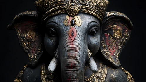 Ganesha statue glows with ornate gold detailing and shadowed depth.