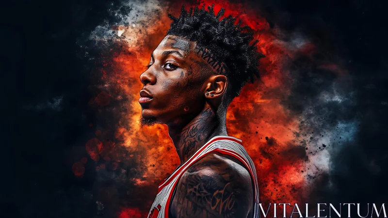 Basketball portrait merges tattooed athlete with fiery smoke