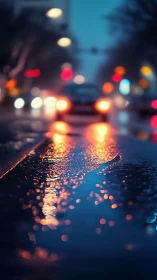 Soft city lights glowing on a rainy blue evening street.