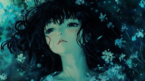 Melancholic girl portrait in teal-tinted, high-contrast anime rendering