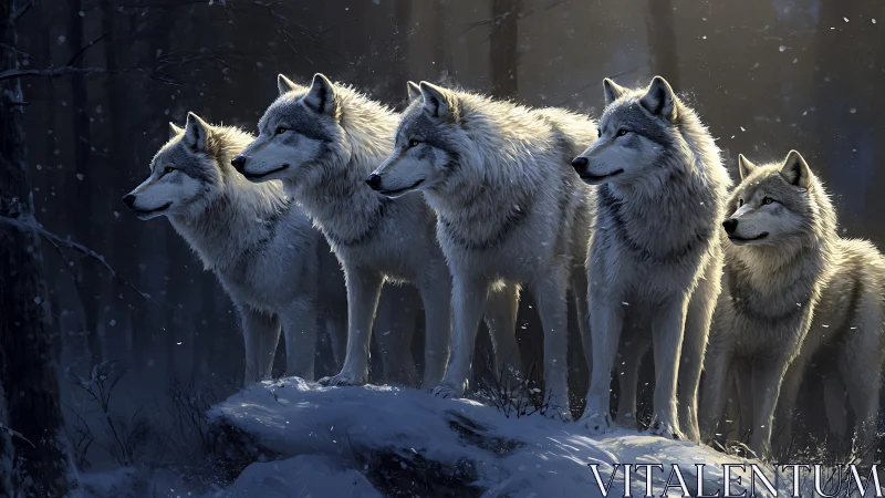 Timber wolf pack on snowy ridge under raking winter backlight