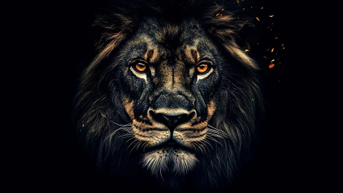 Majestic lion portrait emerges from darkness with fiery gaze