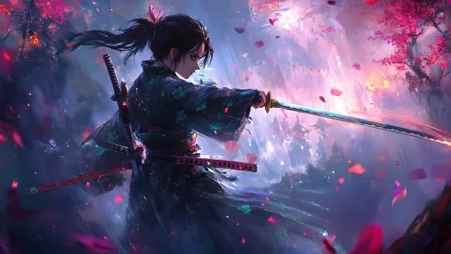 Lone samurai readies a glowing blade in ethereal cherry dusk