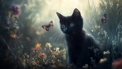 Black cat in garden surrounded by flowers and butterflies