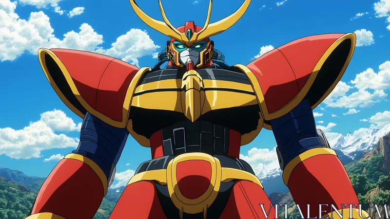 Giant red and gold mecha standing in bright mountain valley.