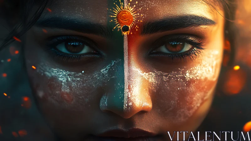 Solar-marked gaze of a firelit mystic warrior in close-up.