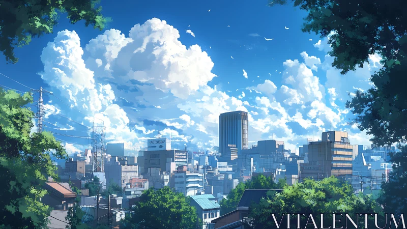 Anime cityscape under towering cumulus cloud formations.