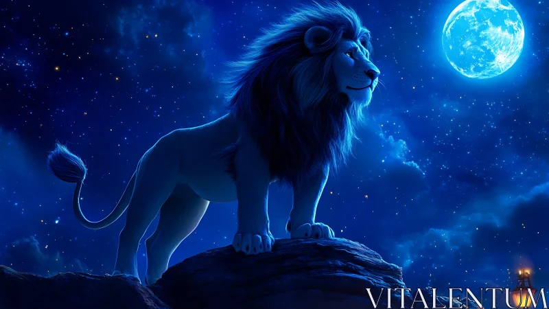 Majestic blue lion overlooks moonlit starlit valley.