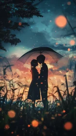 Silhouetted couple under umbrella at dusk with glowing bokeh.