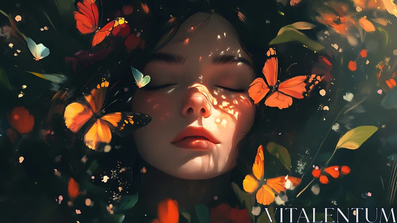 Dreamy girl rests as gentle butterflies glow around her