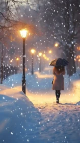 Solitary pedestrian under streetlights on snowy winter path.