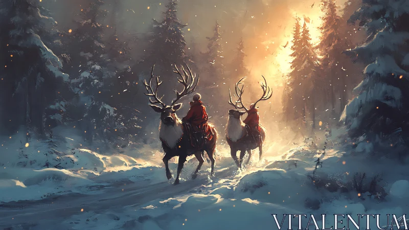 Winter riders cross a glowing forest path at dawn
