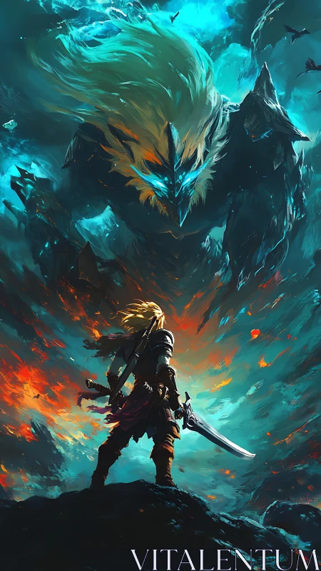 Warrior confronts colossal elemental creature in storm sky