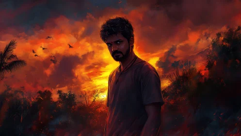 Brooding wanderer framed by a storm-bright sunset sky.