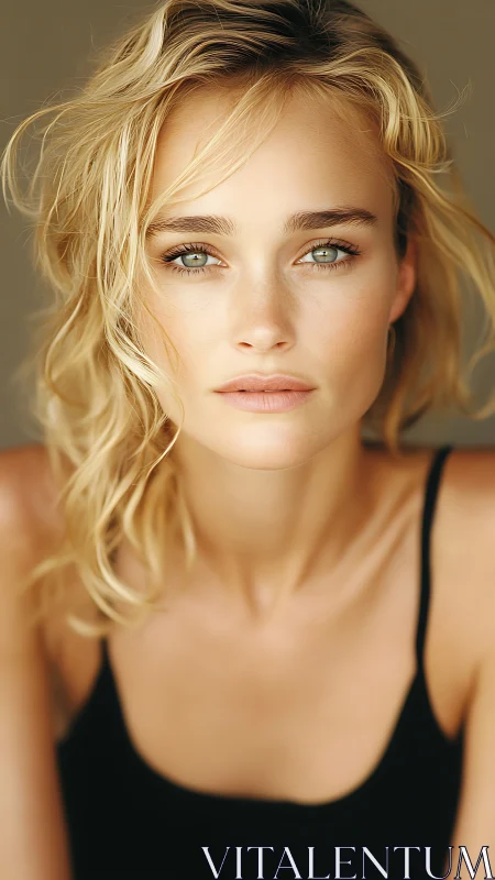 Close-up portrait of blonde woman in black tank top.