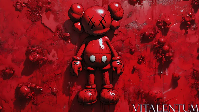 Red vinyl cartoon figure on textured sculptural wall.